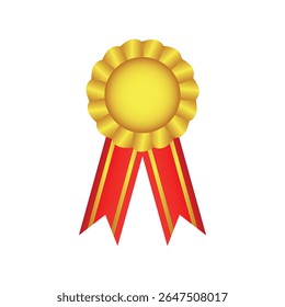 Distintivo de fita de roseta dourada com caudas vermelhas simbolizando prêmio, honra, primeiro lugar ou conquista. Perfeito para competições, mérito acadêmico e certificados de excelência.