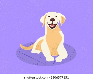 Golden Rotriever on a lilac rug. Pet friendly. Isolated vector illustration for print, poster, banner, flyer, web site design and services for dog owners
