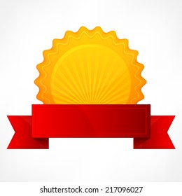 Golden round award symbol with red ribbon, vector illustration