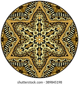 Golden round Aztec ornament. Gold gamut decorative mandala. Ornate medallion ethnic pattern. Tribal ornament for tattoo or card. Isolated design symbol. Vector illustration.