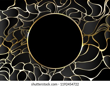 Golden, round banner on black, abstract background with  jewelry, golden pattern.