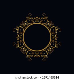 Golden round bead frame framed with a calligraphic pattern of stylized flowers with leaves, twists, swirls on a black background

