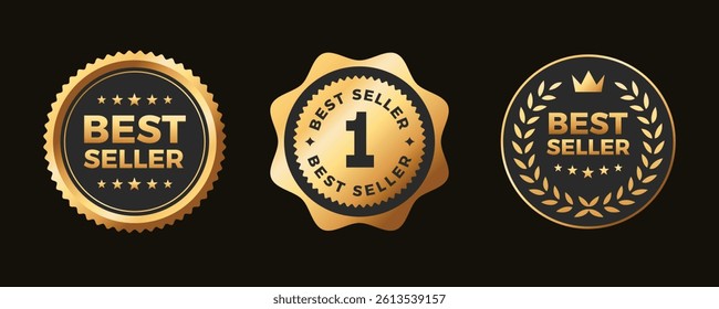 Golden round best seller badges, stickers, labels collection in black background. Elegant logos premium with crown and wreath
