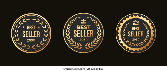 Golden round best seller badges, stickers, labels collection in black background. Elegant logos premium with crown and wreath