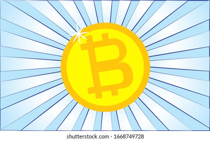 Golden round big Bitcoin cryptocurrency coin on a background of abstract blue rays. Vector illustration.