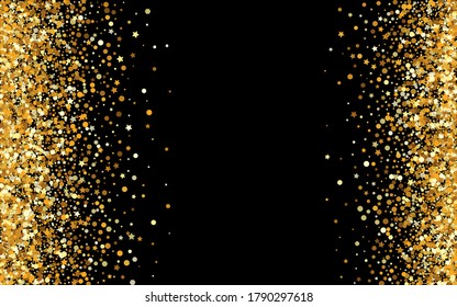 Golden Round Golden Black Background. Paper Sequin Background. Yellow Splash Transparent Pattern. Rain Holiday Wallpaper.