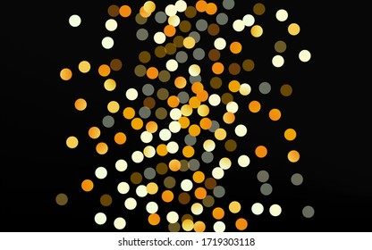 Golden Round Bright Black Background. Holiday Sparkle Illustration. Yellow Polka Abstract Banner. Dust Falling Texture.