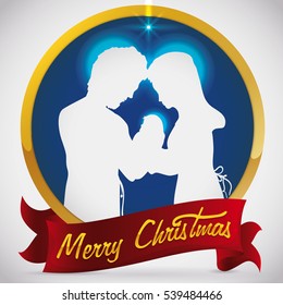 Golden Round Button with Holy Family and Ribbon for Christmas, Vector Illustration