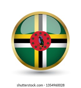 Golden round button national flag of Dominica with the reflection of light and shadow. Icon country. Realistic vector illustration.