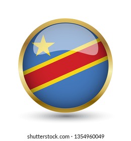 Golden round button national flag of Democratic Republic of the Congo with the reflection of light and shadow. Icon country. Realistic vector illustration.