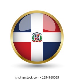 Golden round button national flag of Dominica Republic with the reflection of light and shadow. Icon country. Realistic vector illustration.