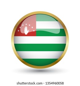 Golden round button national flag of Abkhazia with the reflection of light and shadow. Icon country. Realistic vector illustration.