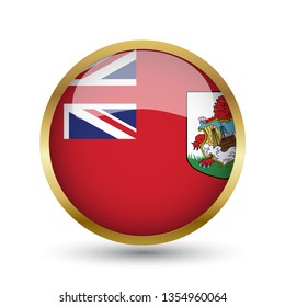 Golden round button national flag of Bermuda with the reflection of light and shadow. Icon country. Realistic vector illustration.