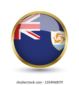 Golden round button national flag of Anguilla with the reflection of light and shadow. Icon country. Realistic vector illustration.