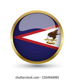 Golden round button national flag of America Samoa with the reflection of light and shadow. Icon country. Realistic vector illustration.