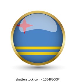 Golden round button national flag of Aruba with the reflection of light and shadow. Icon country. Realistic vector illustration.