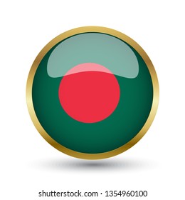 Golden round button national flag of Bangladesh with the reflection of light and shadow. Icon country. Realistic vector illustration.