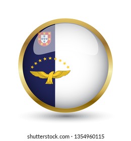 Golden round button national flag of Azores with the reflection of light and shadow. Icon country. Realistic vector illustration.