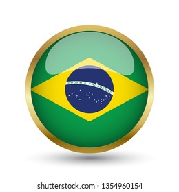 Golden round button national flag of Brazil with the reflection of light and shadow. Icon country. Realistic vector illustration.