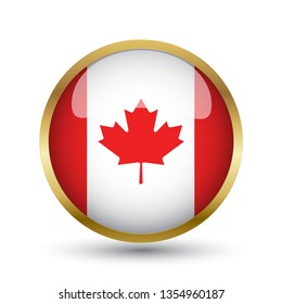 Golden round button national flag of Canada with the reflection of light and shadow. Icon country. Realistic vector illustration.