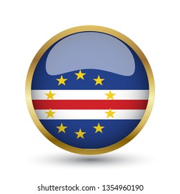 Golden round button national flag of Cape Verde with the reflection of light and shadow. Icon country. Realistic vector illustration.