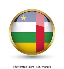 Golden round button national flag of Central Africa Republic with the reflection of light and shadow. Icon country. Realistic vector illustration.