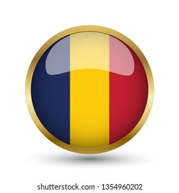 Golden round button national flag of Chad with the reflection of light and shadow. Icon country. Realistic vector illustration.