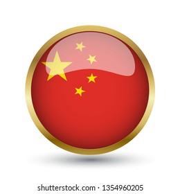 Golden round button national flag of China with the reflection of light and shadow. Icon country. Realistic vector illustration.