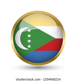 Golden round button national flag of Comoros with the reflection of light and shadow. Icon country. Realistic vector illustration.
