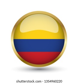 Golden round button national flag of Colombia with the reflection of light and shadow. Icon country. Realistic vector illustration.