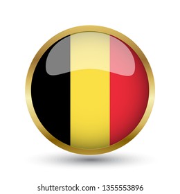 Golden round button national flag of Begium with the reflection of light and shadow. Icon country. Realistic vector illustration.