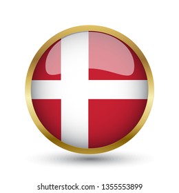 Golden round button national flag of Denmark with the reflection of light and shadow. Icon country. Realistic vector illustration.