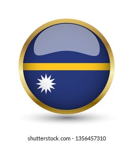Golden round button national flag of Nauru with the reflection of light and shadow. Icon country. Realistic vector illustration.