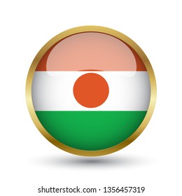 Golden round button national flag of Niger with the reflection of light and shadow. Icon country. Realistic vector illustration.