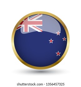 Golden round button national flag of New Zealand with the reflection of light and shadow. Icon country. Realistic vector illustration.