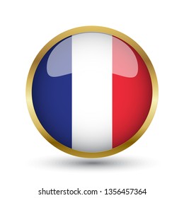 Golden round button national flag of France with the reflection of light and shadow. Icon country. Realistic vector illustration.