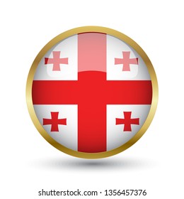 Golden round button national flag of Georgia with the reflection of light and shadow. Icon country. Realistic vector illustration.