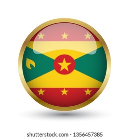 Golden round button national flag of Grenada with the reflection of light and shadow. Icon country. Realistic vector illustration.