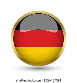 Golden round button national flag of Germany with the reflection of light and shadow. Icon country. Realistic vector illustration.