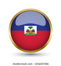 Golden round button national flag of Haiti with the reflection of light and shadow. Icon country. Realistic vector illustration.