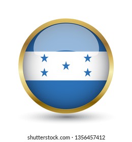 Golden round button national flag of Hondoras with the reflection of light and shadow. Icon country. Realistic vector illustration.