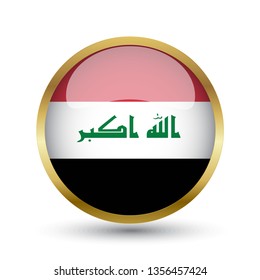 Golden round button national flag of Iraq with the reflection of light and shadow. Icon country. Realistic vector illustration.