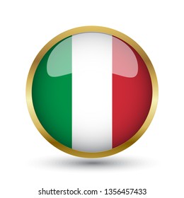 Golden round button national flag of Italy with the reflection of light and shadow. Icon country. Realistic vector illustration.