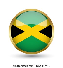 Golden round button national flag of Jamaica with the reflection of light and shadow. Icon country. Realistic vector illustration.
