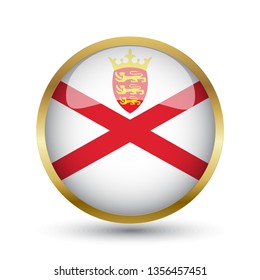 Golden round button national flag of Jersey with the reflection of light and shadow. Icon country. Realistic vector illustration.