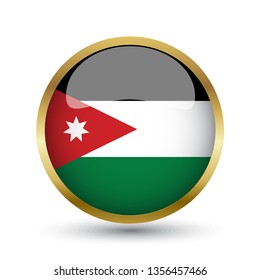 Golden round button national flag of Jordan with the reflection of light and shadow. Icon country. Realistic vector illustration.