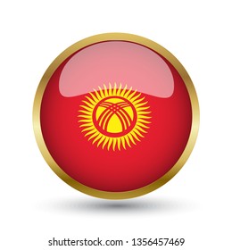 Golden round button national flag of kyrgyzstan with the reflection of light and shadow. Icon country. Realistic vector illustration.