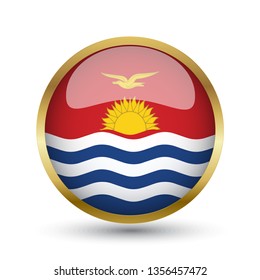 Golden round button national flag of Kiribati with the reflection of light and shadow. Icon country. Realistic vector illustration.