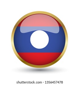 Golden round button national flag of Laos with the reflection of light and shadow. Icon country. Realistic vector illustration.