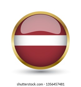 Golden round button national flag of Latvia with the reflection of light and shadow. Icon country. Realistic vector illustration.